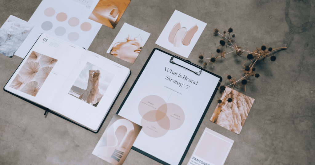 A top view of branding elements laid out across a table.